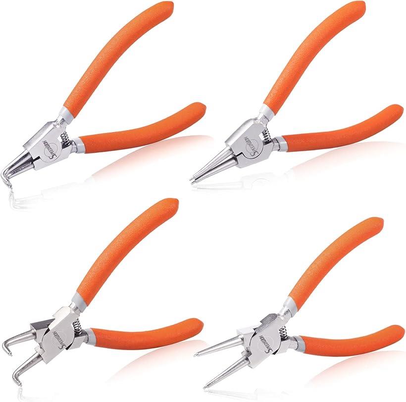 精密スナップリングプライヤー セット 4本組 穴用 軸用 ストレート 90°ベント 6インチ C型リング外し ツール スナップリング着脱 専用工具 プロ