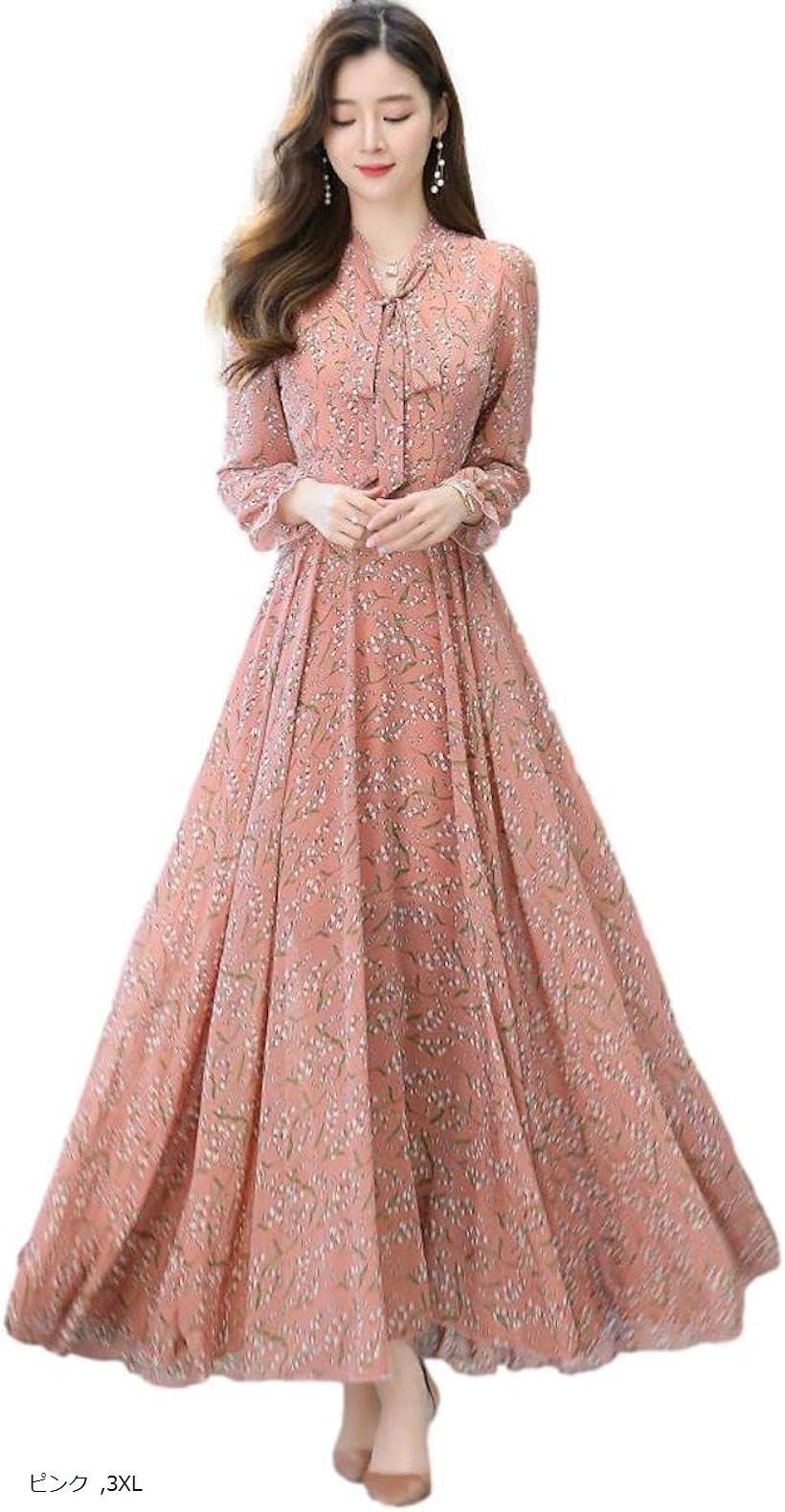 長袖 シフォン ロングワンピース フレア 花柄 マキシ丈 フェミニン ロングシーズン ベーシック デザイン リラックス ベーシックカラー クール JS08-PK-3XL(ピンク, 3XL)