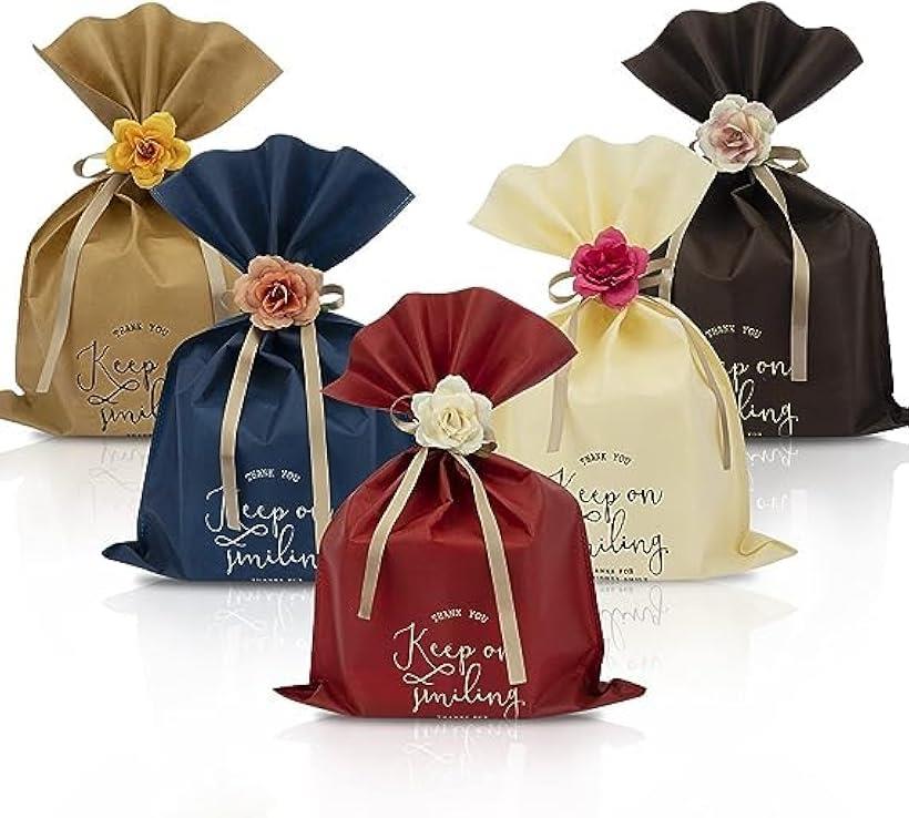 ラッピング袋 ギフトバッグ 不織布 リボン付き 手作り造花 特大サイズ リサイクル可能 5枚入り