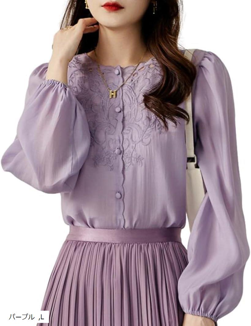 刺繍シフォンブラウス パフスリーブ デザインボタン トップスレディース オフィスカジュアル 痩せ見え 通気性 ボタニカル JS86-PU-L(パープル, L)
