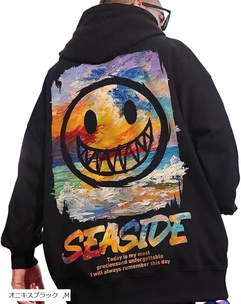 バックプリント フリースタイル 長袖 ストリート パーカー アウトドア メンズ M ブラック (オニキスブラック, M)