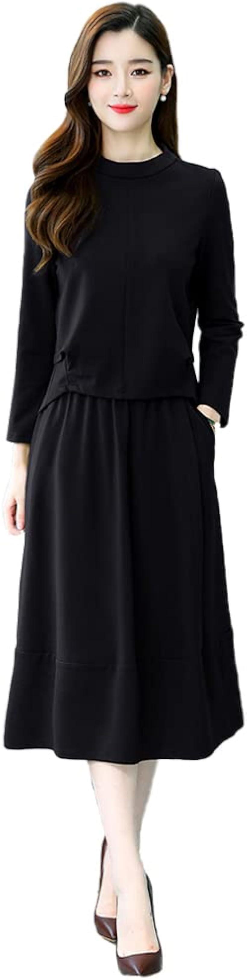 喪服 礼服 フォーマル レディース セットアップ 長袖 スカート 冠婚葬祭 セレモニー( ブラック, XL)
