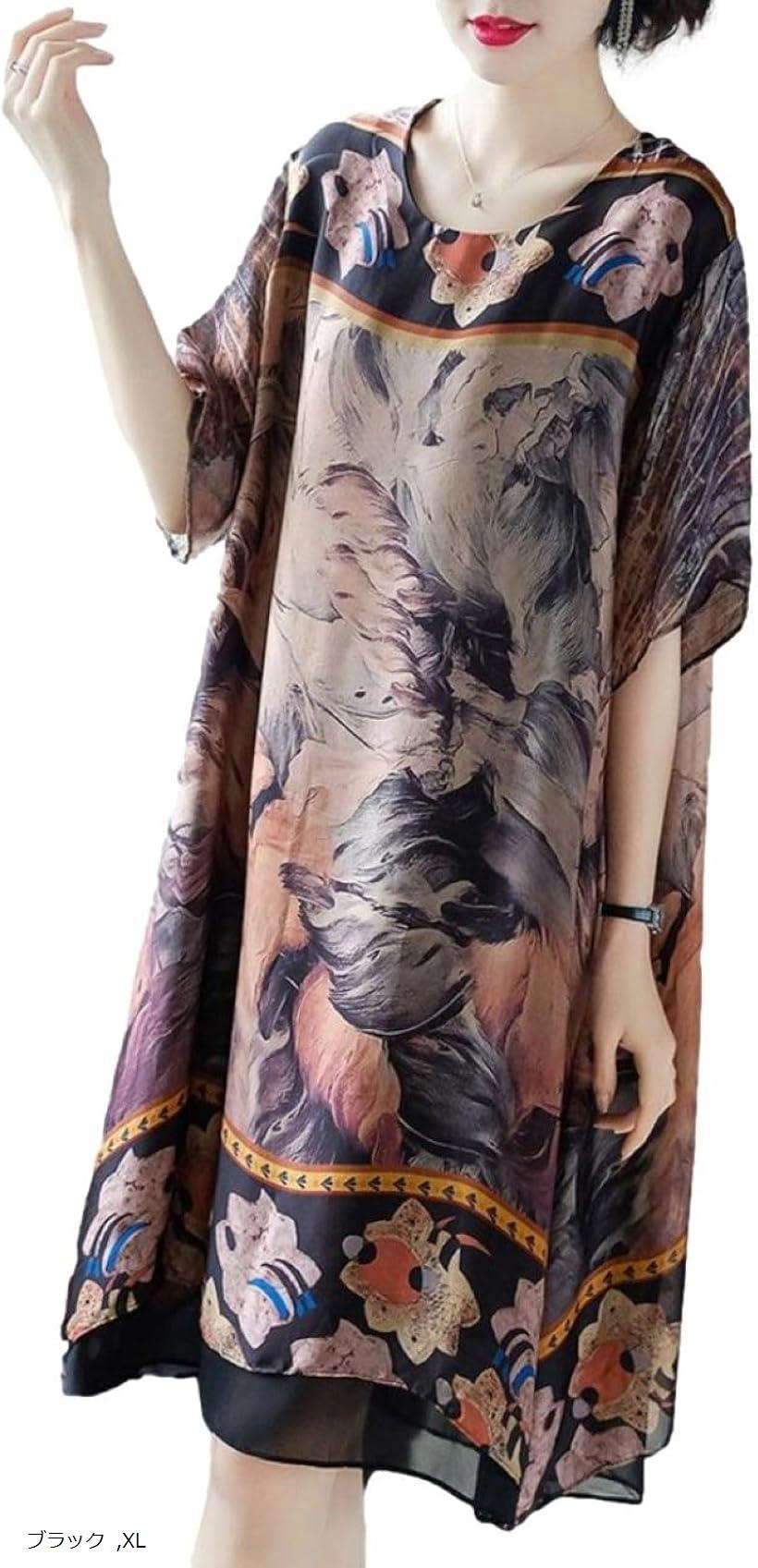 ブルーベリル ワンピース レディース Aライン 膝丈 ボタニカル柄 シフォン 五分袖 裏地有 シルク調 ゆったり (ブラック, XL)