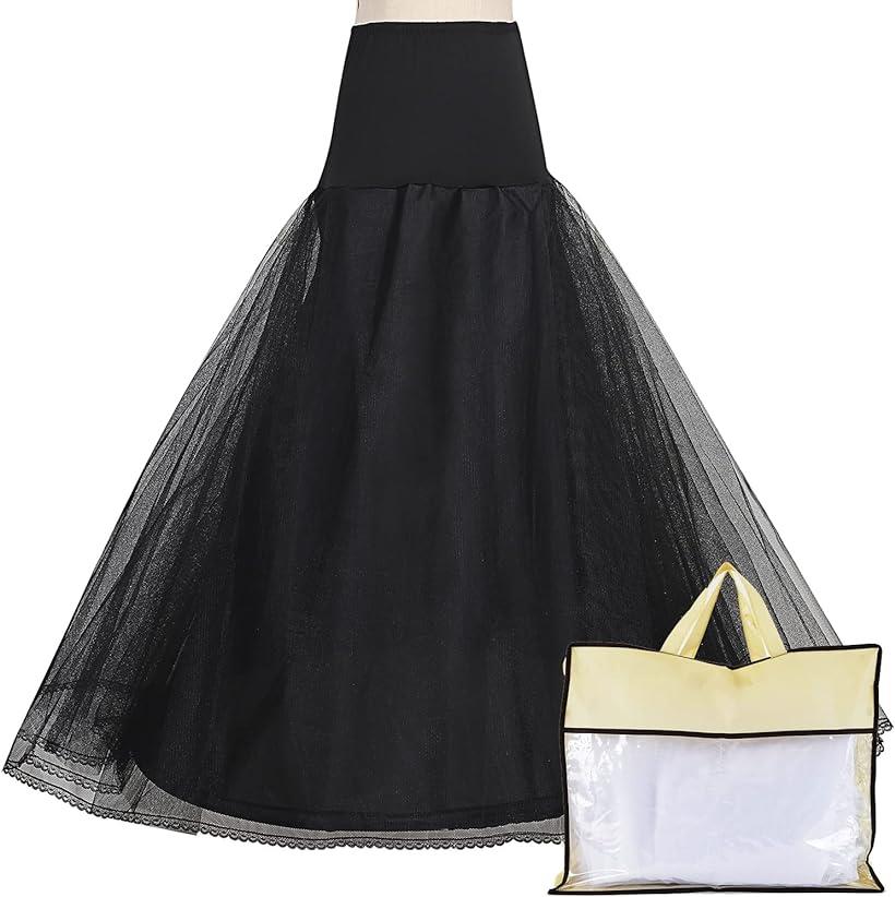 パニエ ロング 持ち運び 収納袋付 ボリューム Aライン フリーサイズ 黒 (ブラック, Free Size)