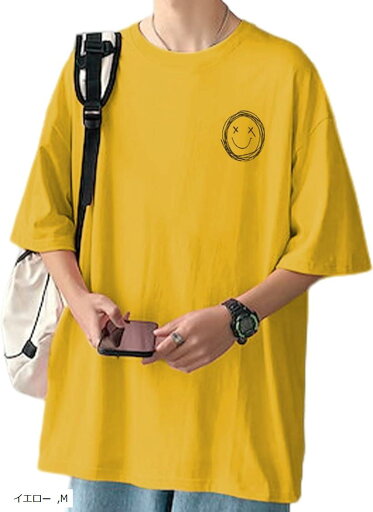 スマイル ロゴ プリント tシャツ 半袖 ワンポイント シンプル オシャレ ストリート ストリート系 カジュアル(イエロー, M) スマイル ロゴ プリント tシャツ 半袖 ワンポイント シンプル オシャレ ストリート ストリート系 カジュアル(イエロー, M)