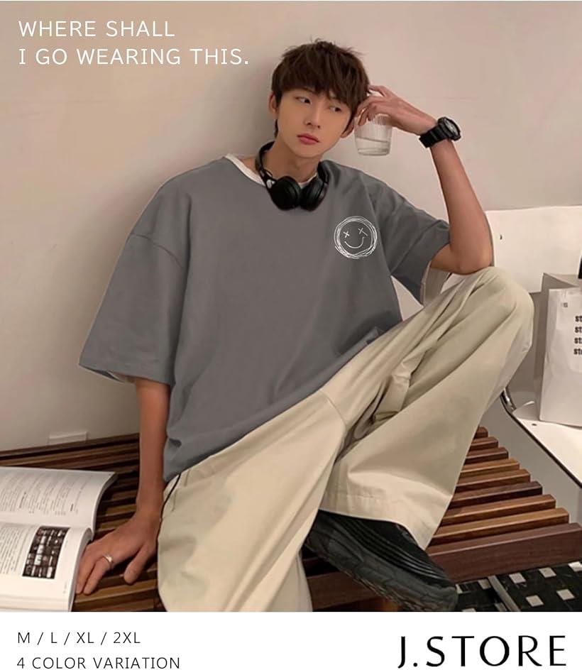 スマイル ロゴ プリント tシャツ 半袖 ワンポイント シンプル オシャレ ストリート ストリート系 カジュアル(イエロー, M)