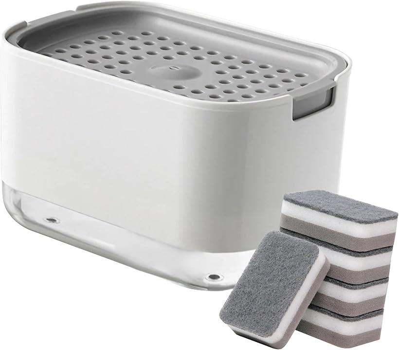 キッチン 洗剤 ディスペンサー スポンジ ホルダー ワンプッシュ 片手で洗剤が出せる キッチンスポンジ 5個付き(ホワイト)のサムネイル