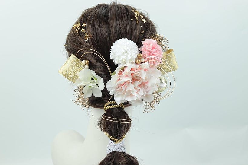 【楽天ランキング1位入賞】髪飾り 水引き 金箔 ポニーテール 成人式 卒業式 結婚式 お祭り 和装 振袖 ドライフラワー 着物 (ピンク, M)