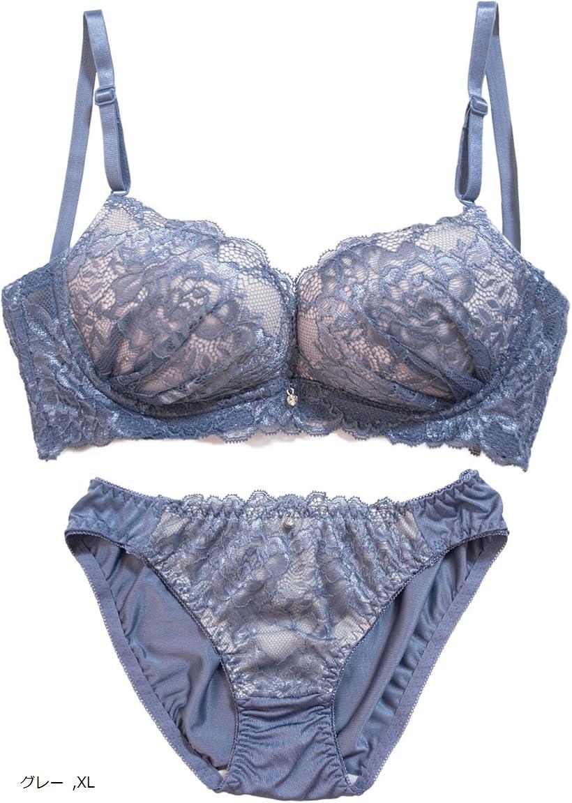 Set - レディース ノンワイヤー ブラ ブラジャー ショーツ 上下セット 下着花柄 レース 大人 上品 (グレー, XL)