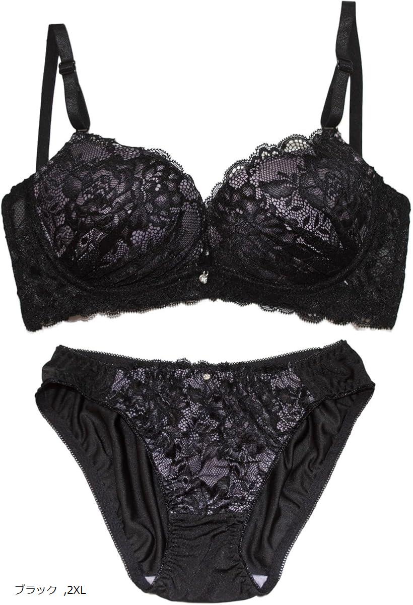 レディース ノンワイヤー ブラ ブラジャー ショーツ 上下セット 下着花柄 レース 大人 上品 (ブラック, 2XL)