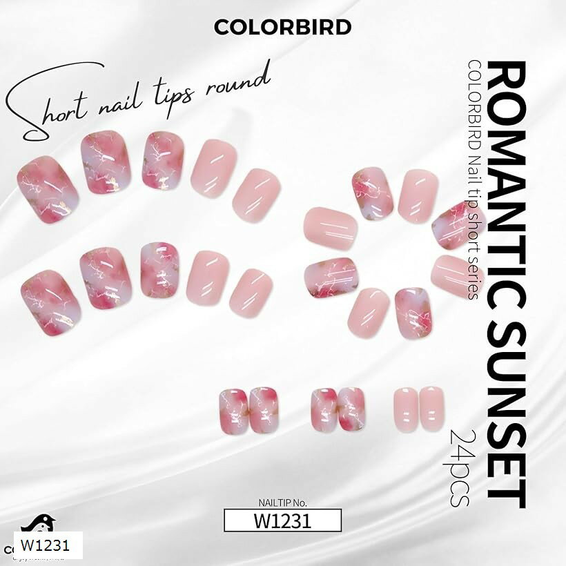 ネイルチップ ショート 24枚 ピンク 付け爪 短め 可愛い スクエアオフ W1231 (ピンク, ショート)