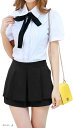 ボウタイ ブラウス レディース トップス リボン サテン 量産型女子 半袖(ホワイト, S)