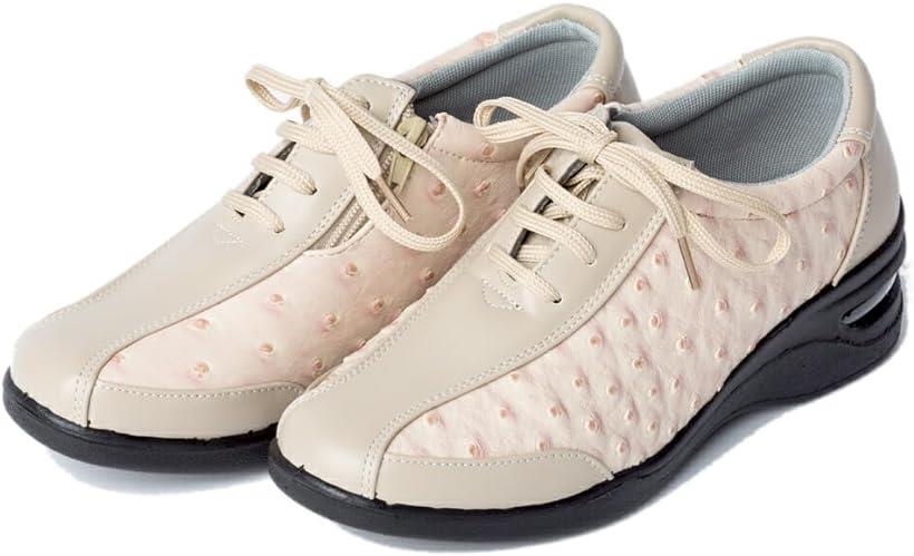 ウォーキングシューズ レディース コンフォートシューズ レザー風 3E レースアップシューズ ファスナー付き 甲高 幅広 厚底 エアークッション 軽い 脱ぎ履き おでかけ 介護シューズ(ベージュD, 24.0 cm 3E)