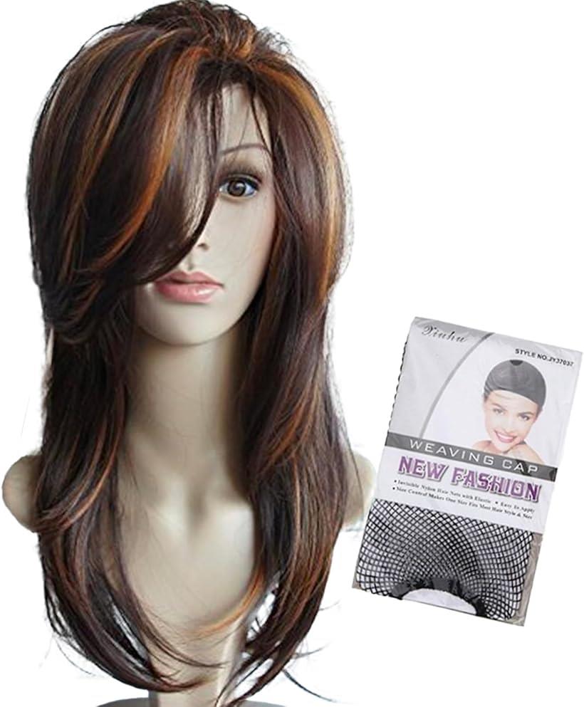 ウィッグ ロング 前髪 フルウィッグ かつら レディース 女性 wig 女装 ナチュラル グラデーション ハイライト ブラウン ネット付(ブラウン)