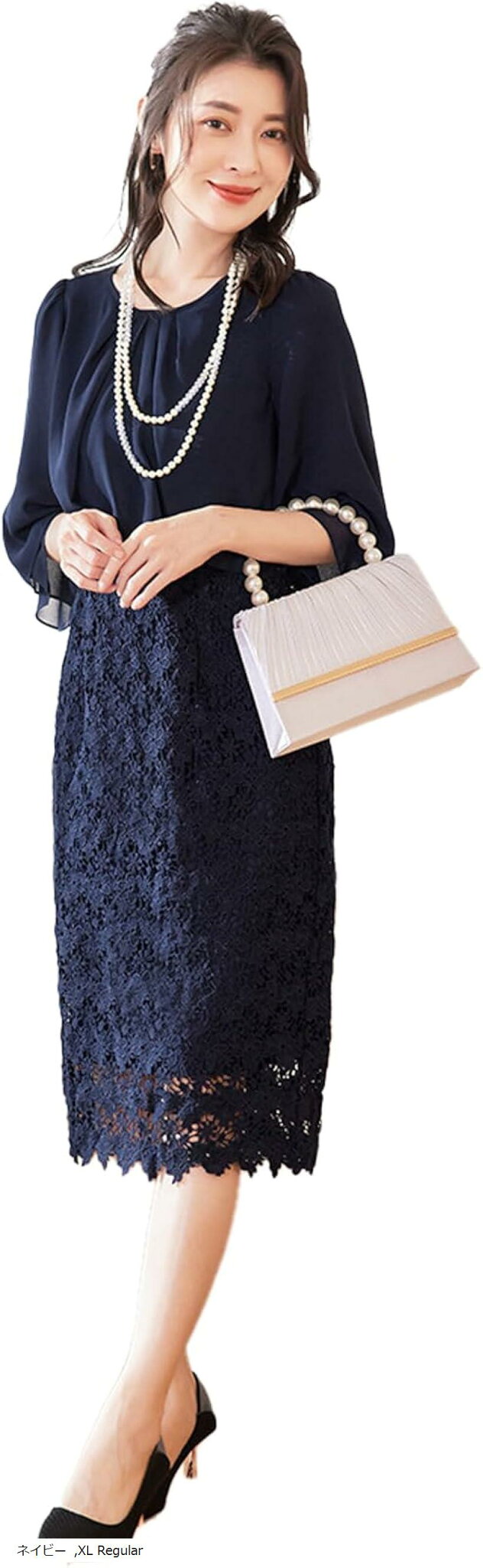 パーティードレス-ワンピース-結婚式-ドレス-結婚式およばれワンピース フォーマルドレス XL(ネイビー, XL Regular)