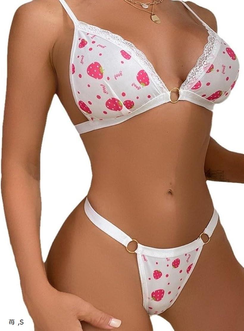 ぴゅありぼん イチゴ柄 ビキニタイプ レース付き セクシーランジェリー(苺, S)