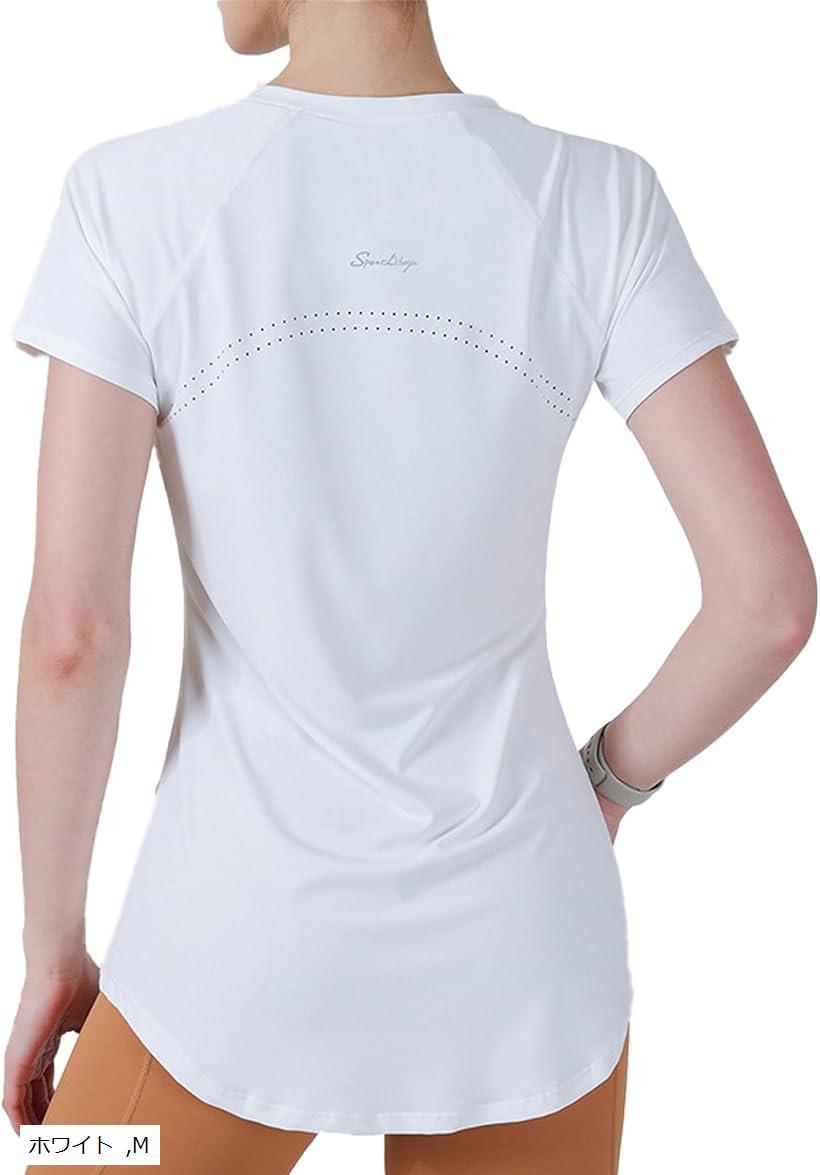 ヨガウェア トップス 半袖 ロング お尻が隠れる 筋トレ すぐ乾く 体型カバー スポーツ チュニック トレーニングウェア ランニング (ホワイト, M)