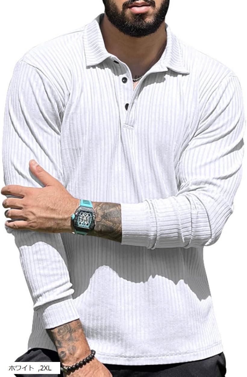 長袖ポロシャツ メンズ 無地ストライプ スリムフィット 伸縮 クールビズ ポリエステル(ホワイト, 2XL)