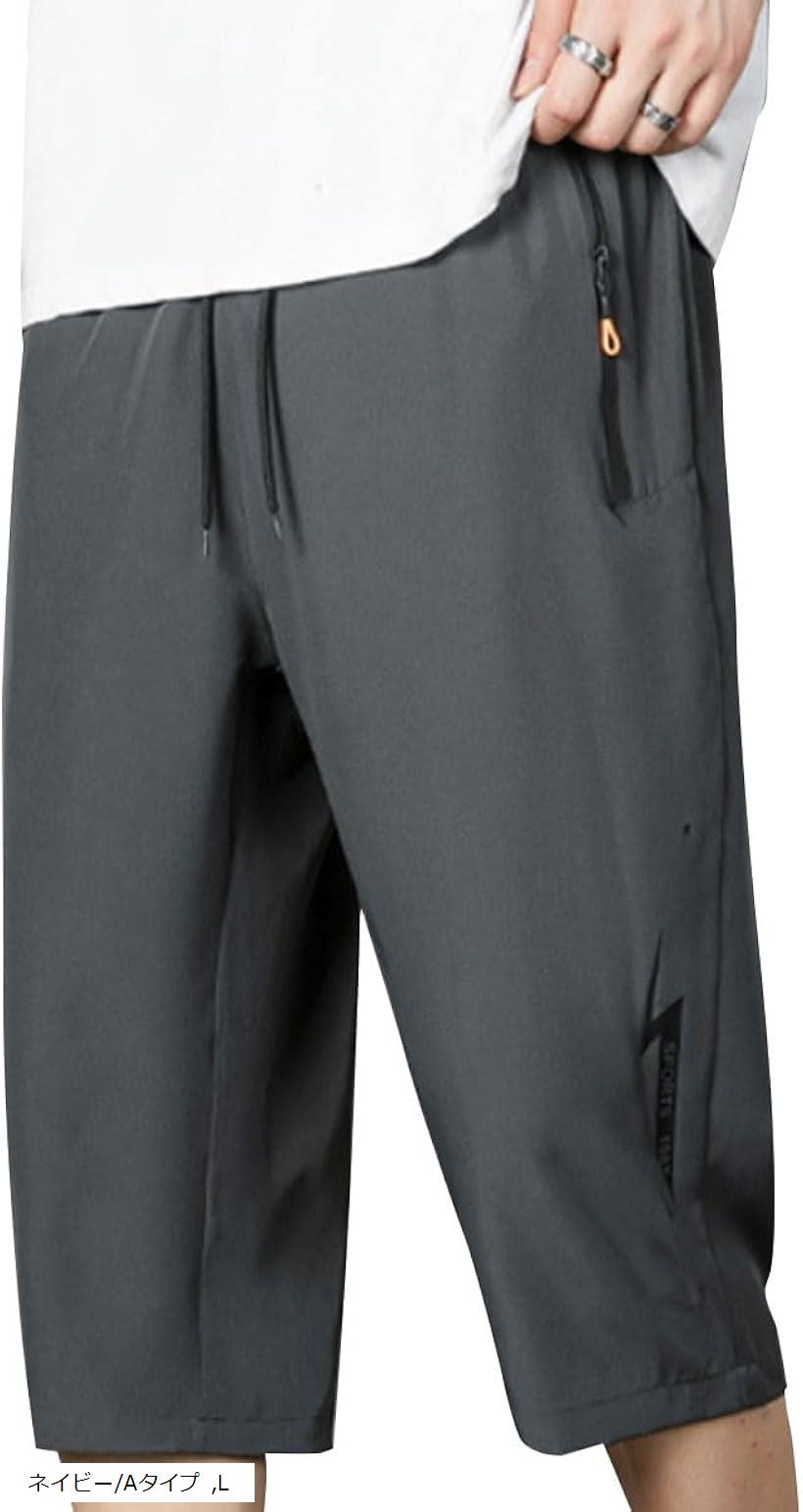 ハーフパンツ メンズ スポーツ トレーニング 通気性 速乾性 ワンポイント(ネイビー/Aタイプ, L)