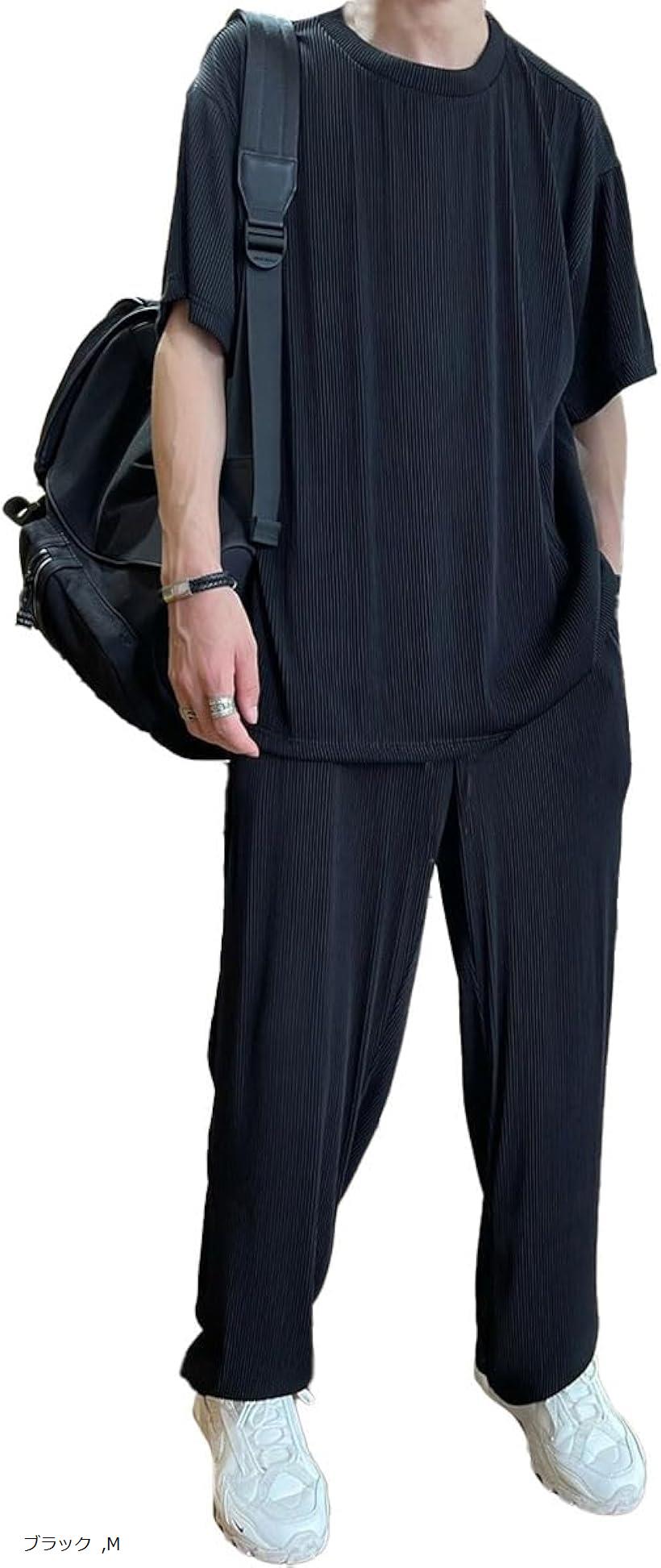 スウェット メンズ 上下 半袖 ジャージ セットアップ(ブラック, M)