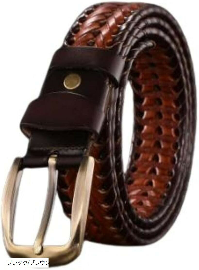 編み込み メンズ ベルト レトロ バックル 本 牛革 レザー ビジネス カジュアル 長さ 調節 可能 (ブラック/ブラウン, Free Size)