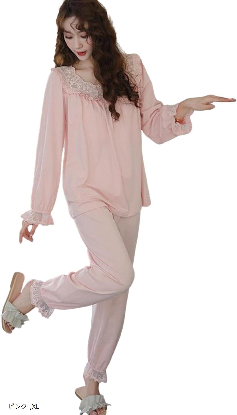 ココスピグミー 姫系 ネグリジェ プリンセス 長袖 無地 レース 綿 コットン パジャマ 上下セット レディース 7100 (ピンク, XL)