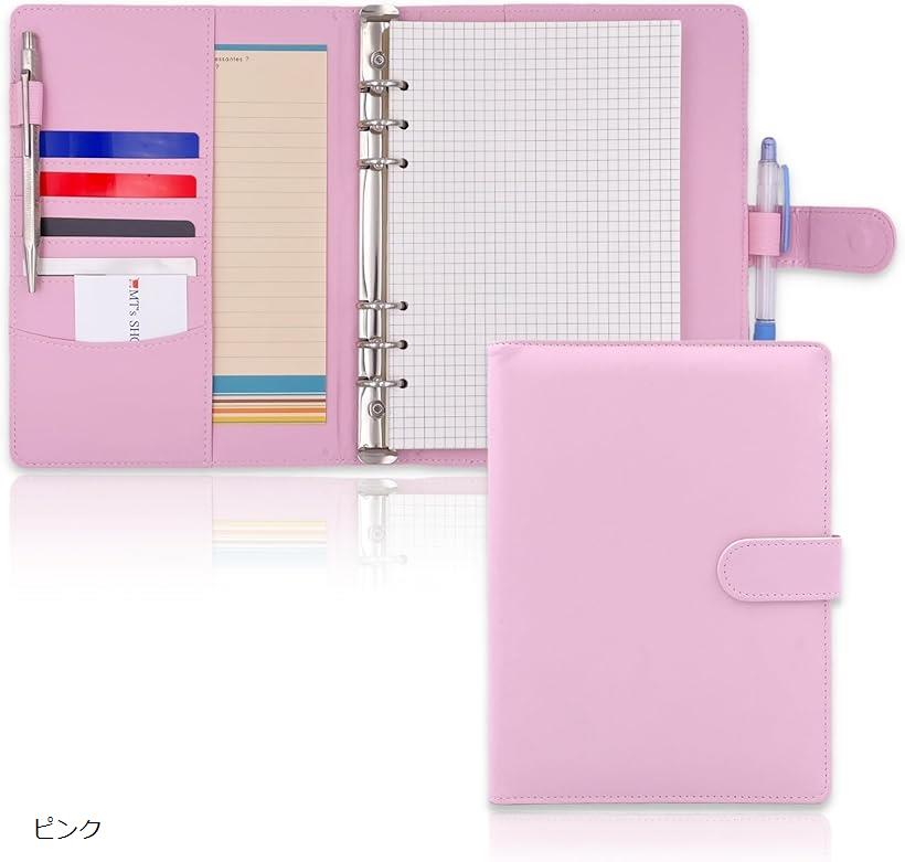 システム手帳 A5 デスクサイズ かわいい PUレザー 6穴リング リフィル付属 ポケット ペンホルダー搭載 OF390 ピンク (ピンク, A5)