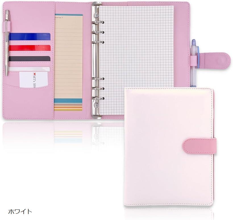 システム手帳 A5 デスクサイズ かわいい PUレザー 6穴リング リフィル付属 ポケット ペンホルダー搭載 OF390 ホワイト (ホワイト, A5)