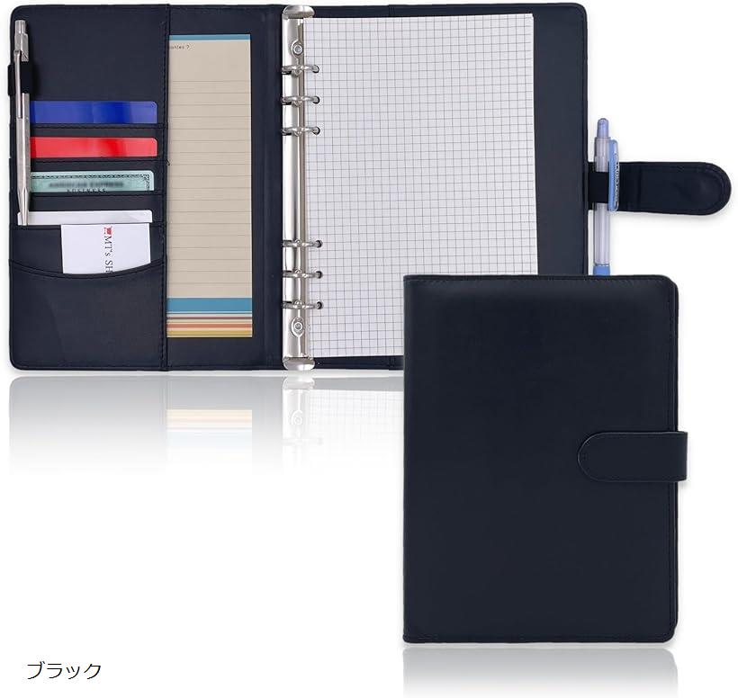 システム手帳 A5 デスクサイズ かわいい PUレザー 6穴リング 4種類 リフィル付属 ポケット ペンホルダー搭載 OF390 ブラック (ブラック, A5)