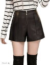 ショート パンツ PU レザー 美脚 Aライン キュロット 脚長 ハイ ウエスト 短 革 秋 冬 レディース(ブラック, XL)