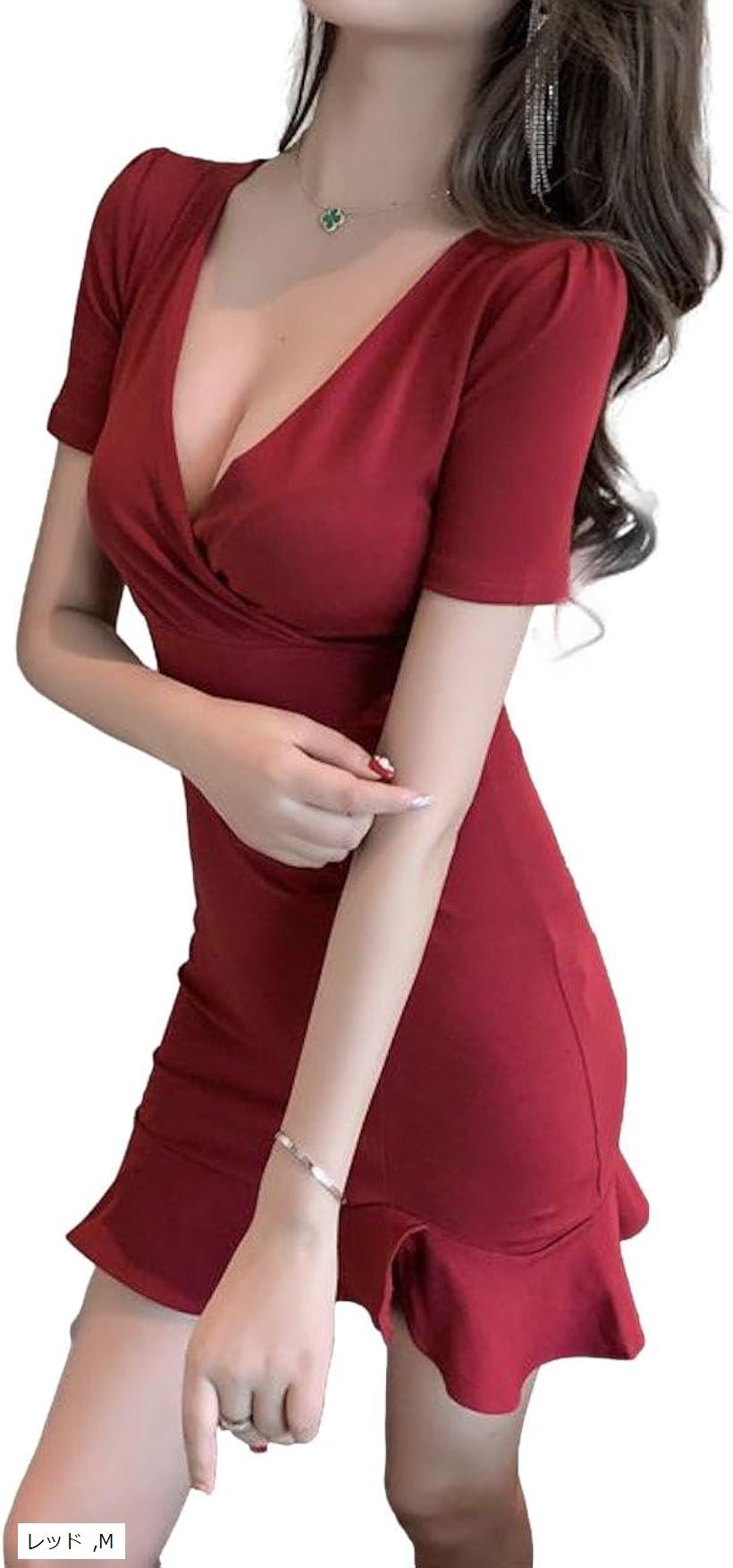ワンピース カシュクール スリム フリル 半袖 Vネック ミニ 無地 脚長 ハイウエスト 人気 かわいい お洒落 着やせ 胸元 ボディコン セクシー デコルテ(レッド, M)