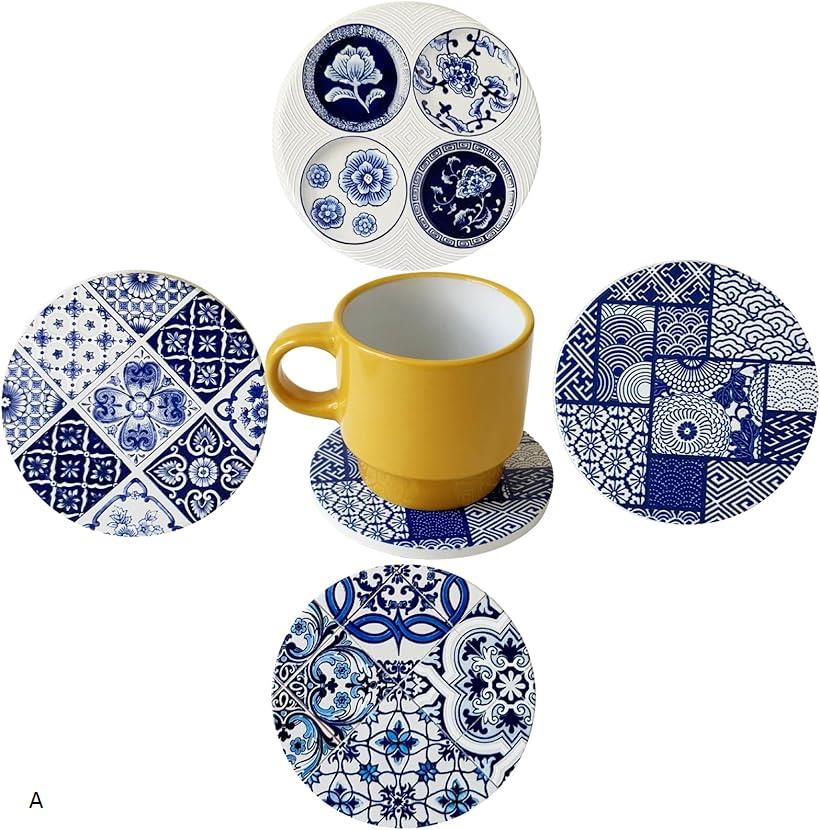 藍模様 吸水 セラミック コースター 4枚 セット 丸 コップ敷き コップ受け グラスマット A (A, 10cm)