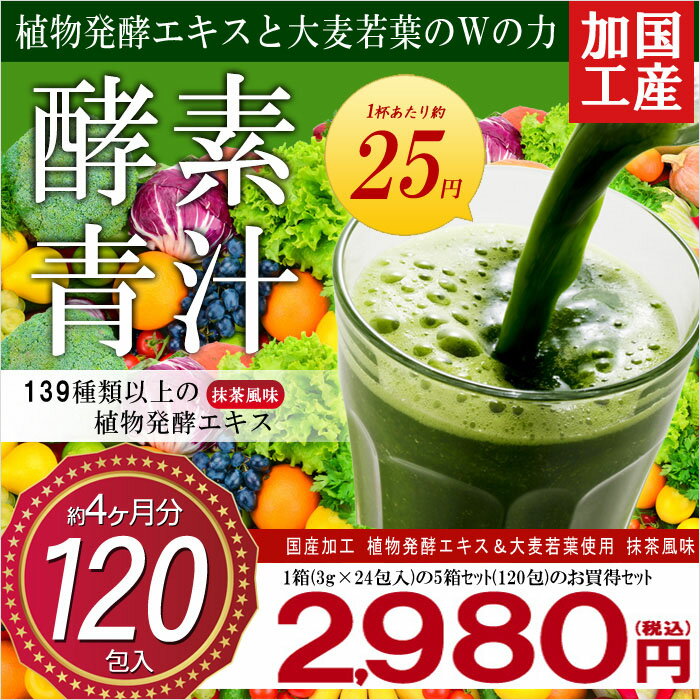 送料無料　5個セット　凝縮された植物発酵エキス新しく栄養素UP 国内工場生産　 酵素青汁 24包×5個 120包入 4ヶ月分 　美容健康　ダイエット　青汁　大麦若葉　ヘルシー