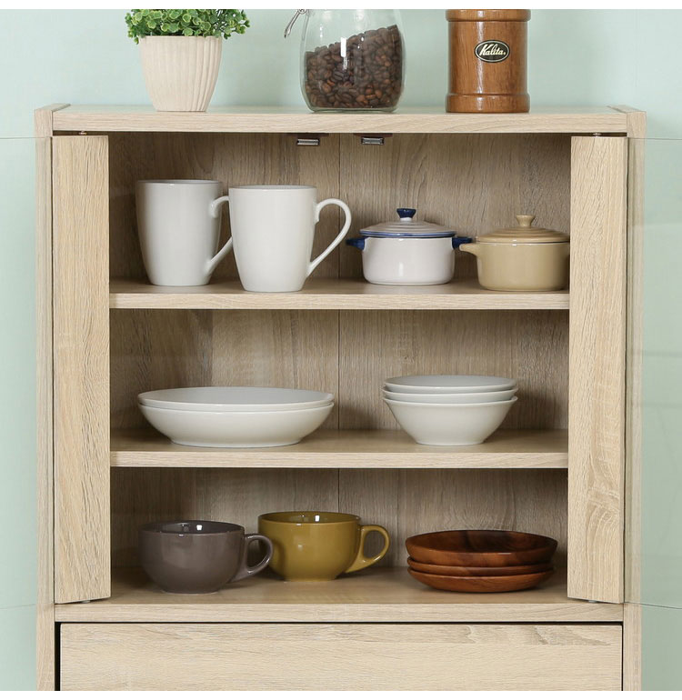 キッチンキャビネット 幅60cm ミドルサイズ ホワイトオーク 木目調 北欧 ガラス扉 食器棚 キッチン収納 大容量 引き出し 引き戸 おしゃれ シンプル キッチンボード 一人暮らし(代引不可)【送料無料】