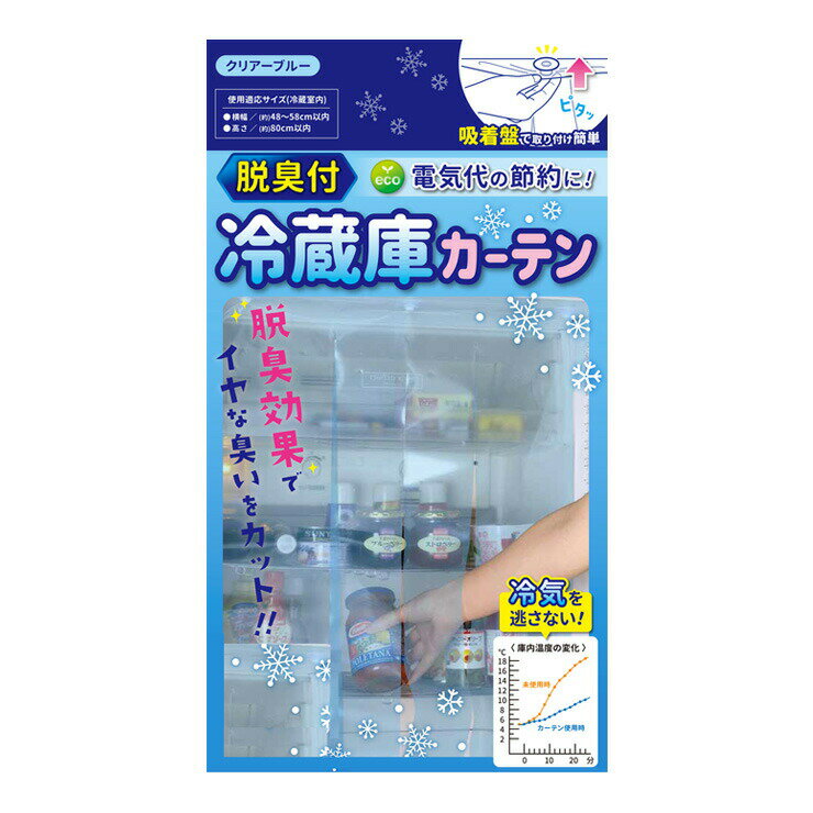 ●商品サイズ：幅56×奥行0.1×高さ79cm 49g●使用適応サイズ（冷蔵室内）＝横幅／約48〜58cm以内・高さ／約80cm以内●材質：カーテン＝脱臭剤入ポリエチレンフィルム、吸着盤＝PVC軟質塩ビ、ワッシャー＝ポリプロピレン●原産国：日本●完成品●特徴塩基性ガス吸着脱臭剤：脱臭効果は約3〜5ヶ月間。冷気を逃がさないので電気代節約に。脱臭効果でイヤな臭いをカット。吸着盤で取り付け簡単。脱臭付の冷蔵庫カーテン。カーテンに添加している脱臭成分は、アンモニア系（肉が腐った匂い）トリエチルアミン系（魚が腐った匂い）の2大悪臭に優れた効果を発揮。※効果期限等は使用状況（庫内の内容物、量等）により異なる場合があります。【代引きについて】こちらの商品は、代引きでの出荷は受け付けておりません。【送料について】北海道、沖縄、離島は送料を頂きます。