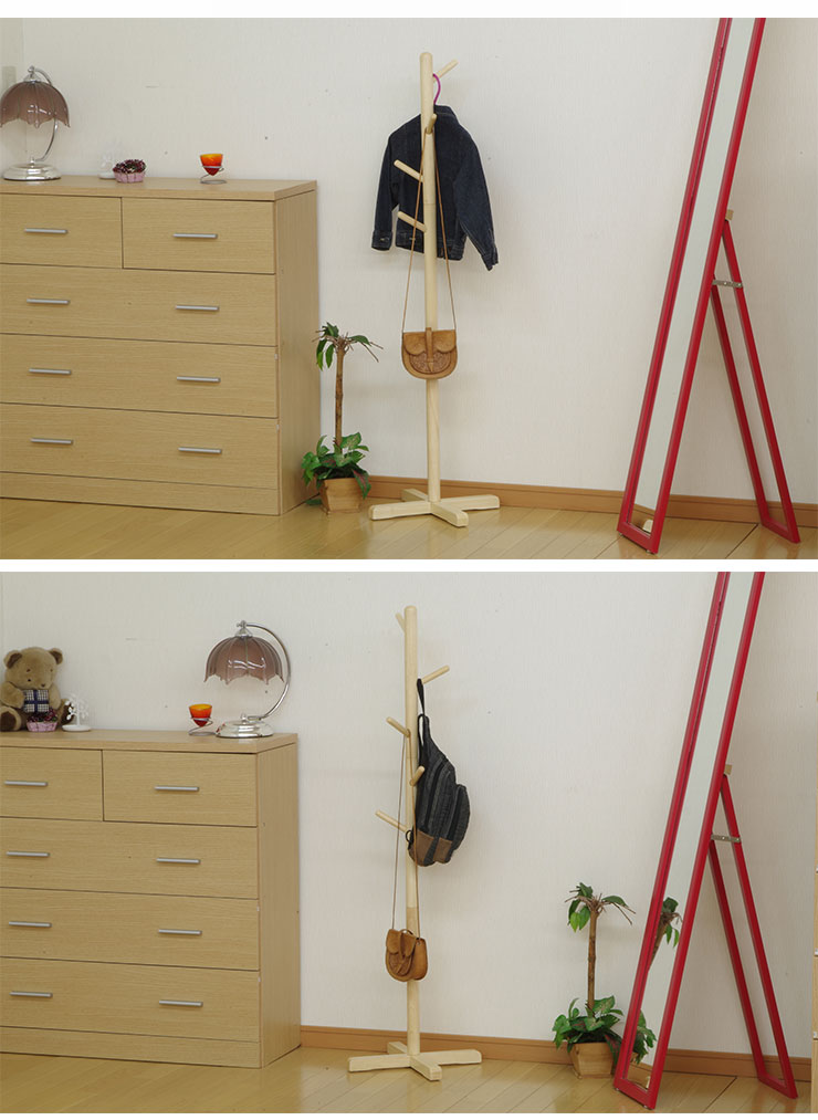 ポールハンガー 木製 高さ123.5cm 洋服ハンガーラック スタンドハンガー 洋服掛け カバン掛け ポールスタンド 省スペース(代引不可)【送料無料】 [3]