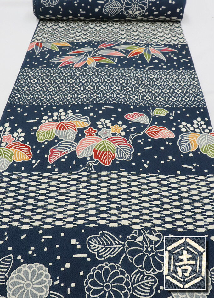 【栗山吉三郎 和染紅型】未仕立て【濱ちりめん】◆九寸名古屋帯【新品】紺藍色◆笹 桔梗 洒落帯