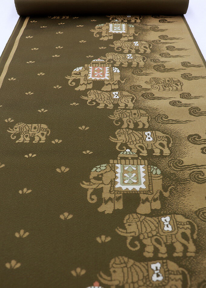 未仕立て◆九寸名古屋【西陣 新装織物(株)】カーキグリーン・黄土色系 象柄【新品】洒落帯