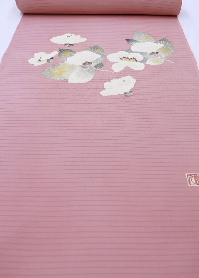 【夏名古屋帯】未仕立て◆【五泉】夏用　九寸名古屋帯◇紅梅色（こうばいいろ）系　花柄　落款入り【新品】単衣着物・高級浴衣に◆　※訳アリ　画像参照（薄茶シミ複数有）※　洒落帯