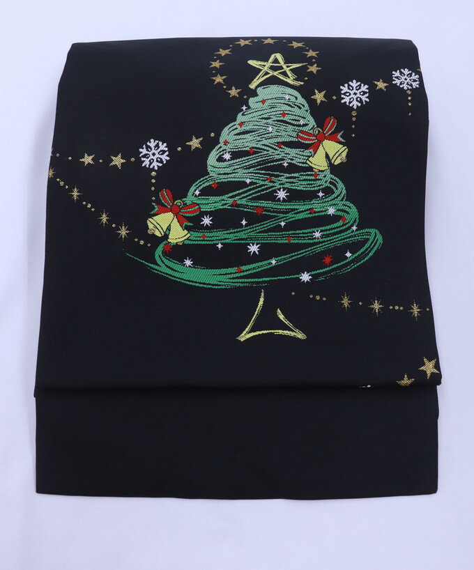 クリスマス　ツリー柄の名古屋帯♪【2362大光(株)謹製】◇正絹【新品・仕立上り】黒地◇◆　洒落帯
