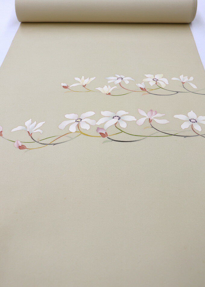 未仕立て◆九寸名古屋帯【新品】正絹◆クリームイエロー・女郎花（おみなえし）色 木蓮の花・落款入◆洒落帯