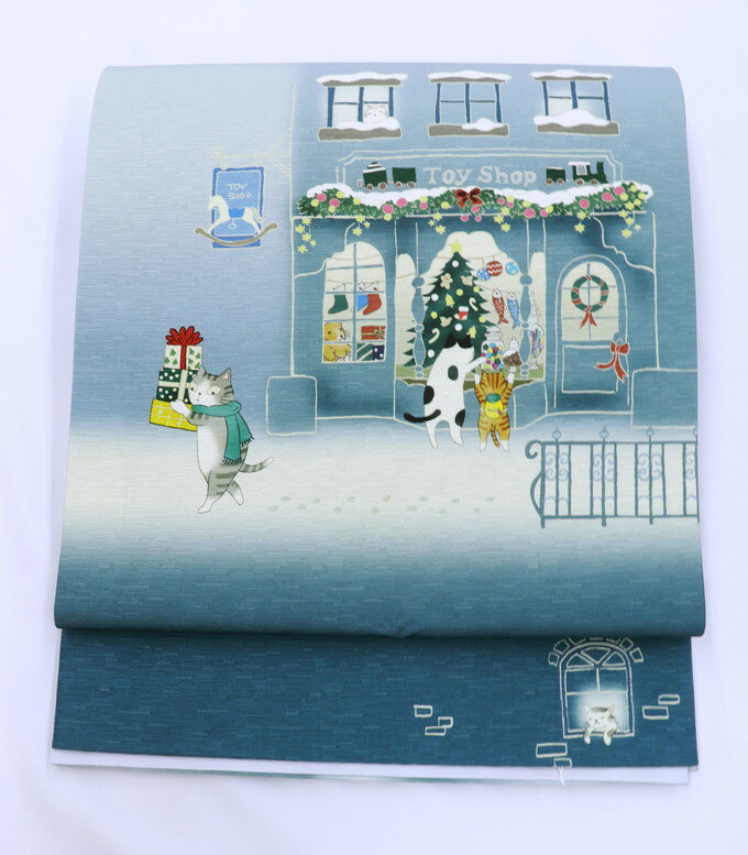 【猫好きさん必見★】【京袋帯 WAKKA】◇全通柄 正絹【新品・仕立上り】ブルーグレー系ぼかし◇猫・クリスマスのお買い物 洒落帯