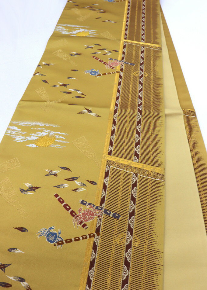 新品袋帯◇未仕立て 正絹◇金茶系・黄朽葉色(きくちば) カニ柄