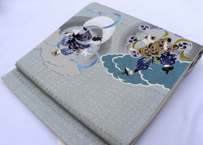 【猫好きさん必見★】【京袋帯 WAKKA】◇全通柄 正絹【新品・仕立上り】ベージュ系ぼかし◇猫・風神雷神 洒落帯