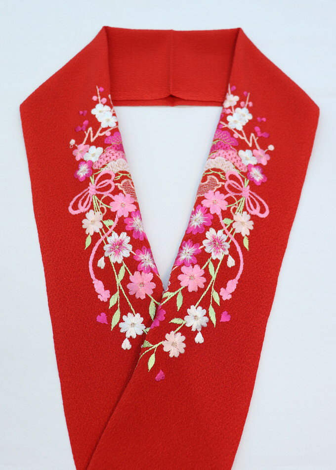 【刺繍入　半衿】新品　半襟【ポリエステル】赤地・ちりめん調　刺繍◆振袖 成人式 和装小物