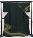 【訳アリ特価】附下◇訪問着 正絹◇中古【仕立上がり】黒に近いグリーン・濃緑 流水 から絞り◆上品なお着物