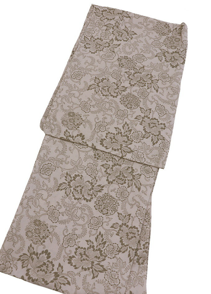 【扱いやすいポリエステルきもの】小紋　Mサイズ【単衣】◇新品【仕立上がり】灰色がかった淡い茶色・空五倍子色（うつぶしいろ）色　花更紗◆小紋ポリエステル◆部分透かし織り