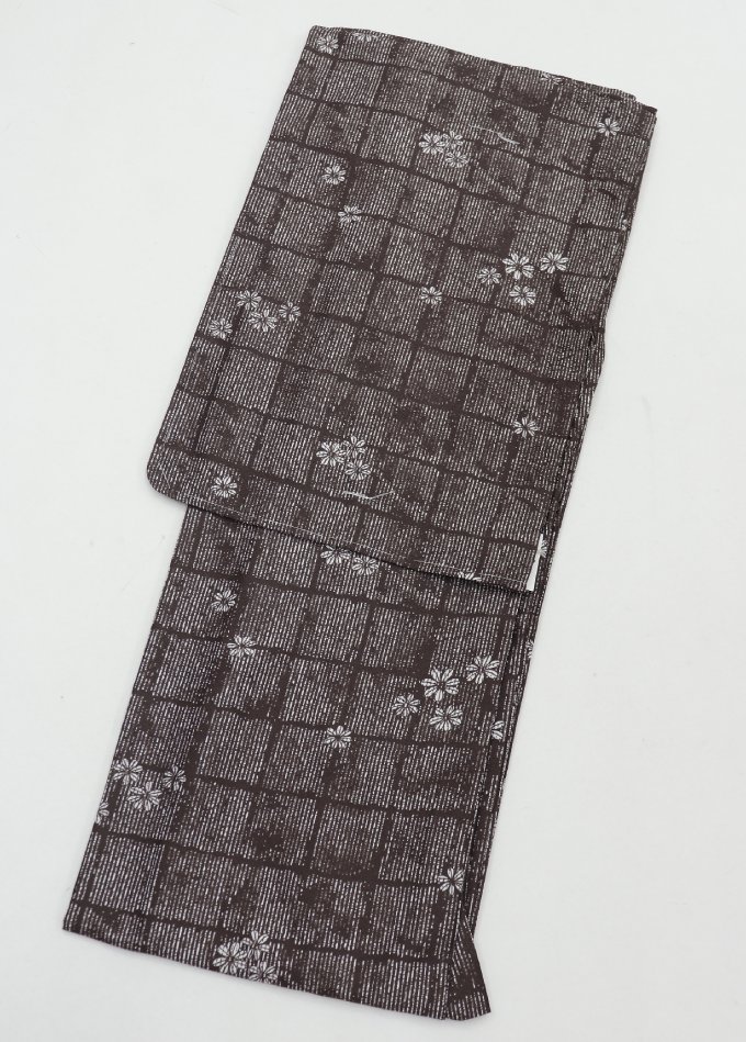 乐天商城 - 【扱いやすいポリエステルきもの】小紋　Mサイズ【単衣】◇新品【仕立上がり】茶色系　格子・花柄