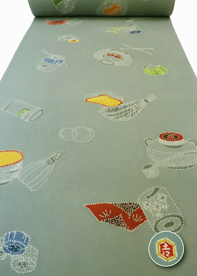 【栗山吉三郎 和染紅型】夏小紋　着尺◆絽　正絹【伊と幸】青みのあるグレー地　茶道具柄・茶筅・茶釜◆..