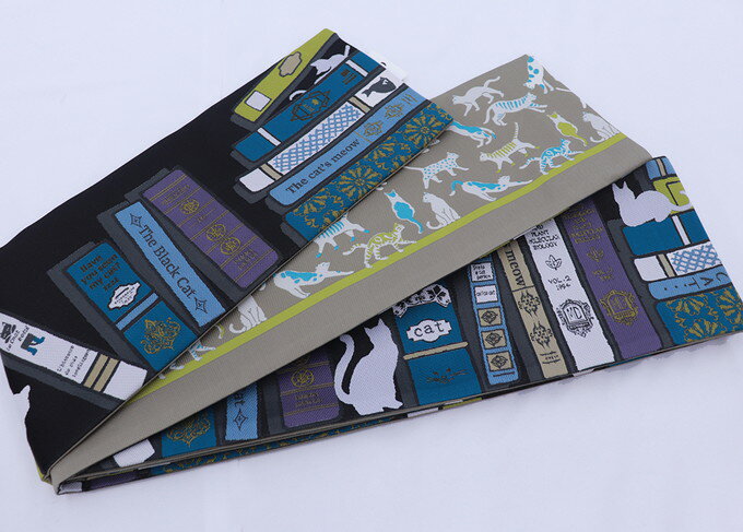 Half-Width Cloth - 【猫好きさん必見★】浴衣帯◆袴下帯　半巾帯【新品】カーキグリーン×黒　猫柄【nico　WA・KKA】リバーシブル　半幅小袋帯 ◆小紋や街着・袴の下からチラリと見える帯にも★挿し色にも♪